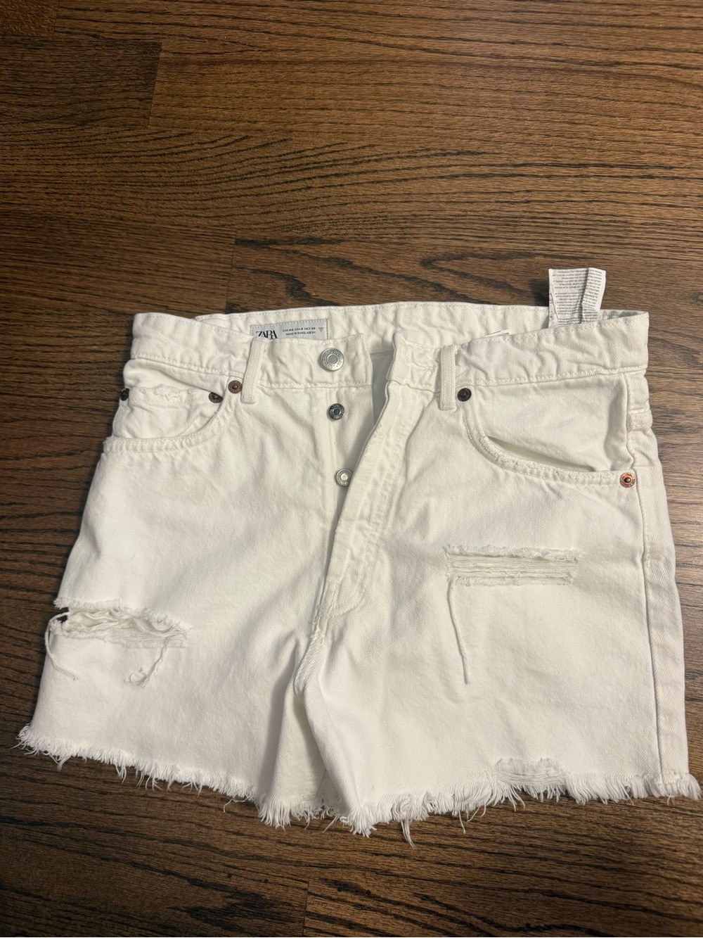 ZARA White Distressed Frayed-Hem Denim Shorts